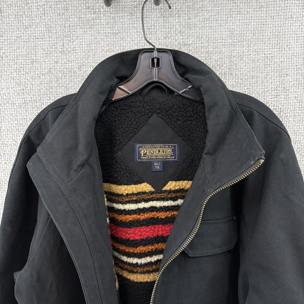 Pendleton Black Cotton Canvas Men's XL Jacket Multi Striped Fleece Lined Pockets